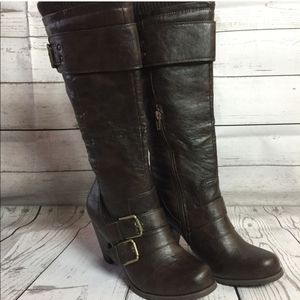 Mid Calf Length Belt Buckle Knitted High Heel Boot